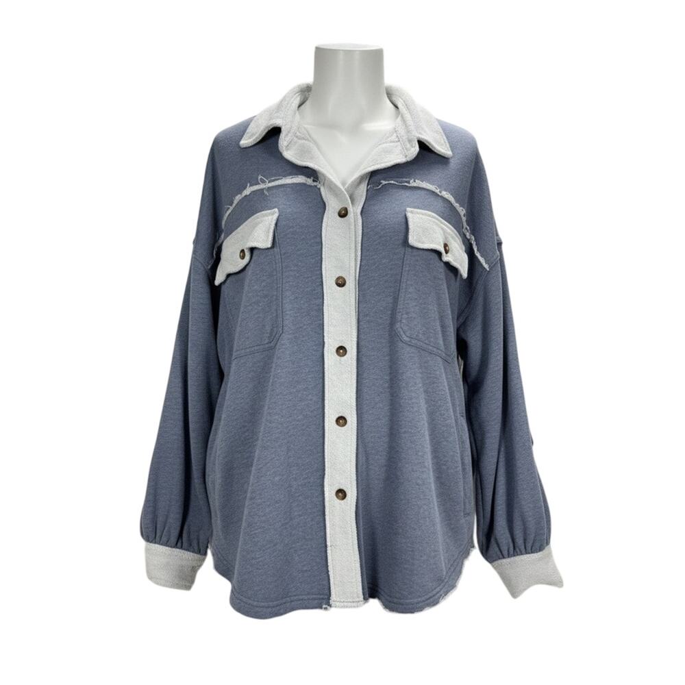 POL Women’s Blue Raw Hem Button Down Shacket Knit French Terry Jacket Size Small